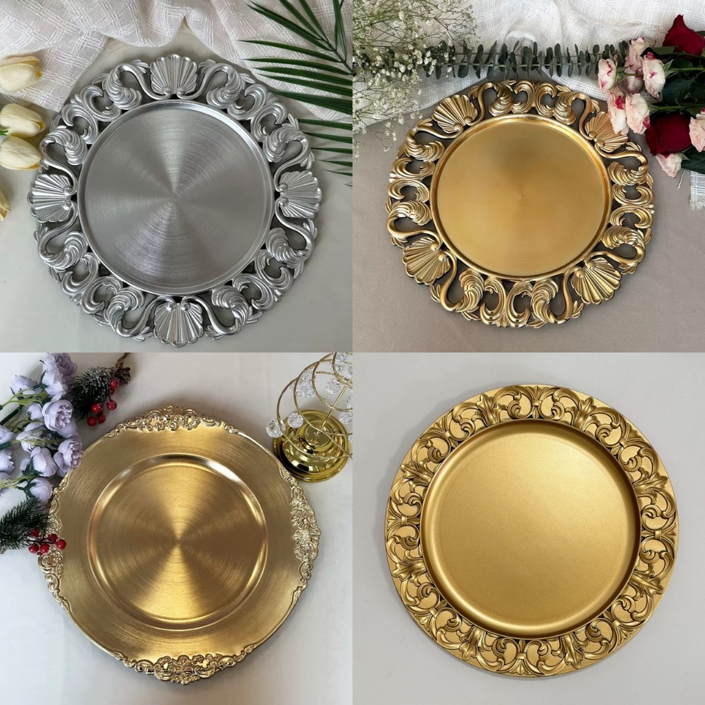 พร้อมส่ง ถาดทองลายสลักขอบสวยงาม33cm จานทอง หรูหรามาก ทำจากพลาสติกpp พร็อพถ่ายรูป