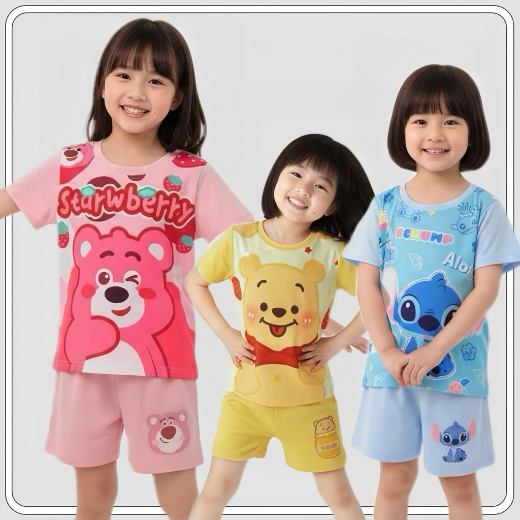 MC078 ชุดเด็กแขนสั้น ขาสั้น ลายการ์ตูน น่ารัก สีสวย ผ้านิ่มเด้ง เซตลูกสาว ลูกชาย คอลเลคชั่นใหม่ใส่เที่ยวอยู่บ้านก็น่ารัก