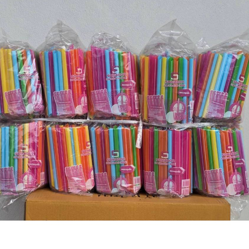 หลอดชาไข่มุก คละสี ตราSB ยกมัด ขนาดสั้นและยาว (1 มัด มี 5 แพ็ค)