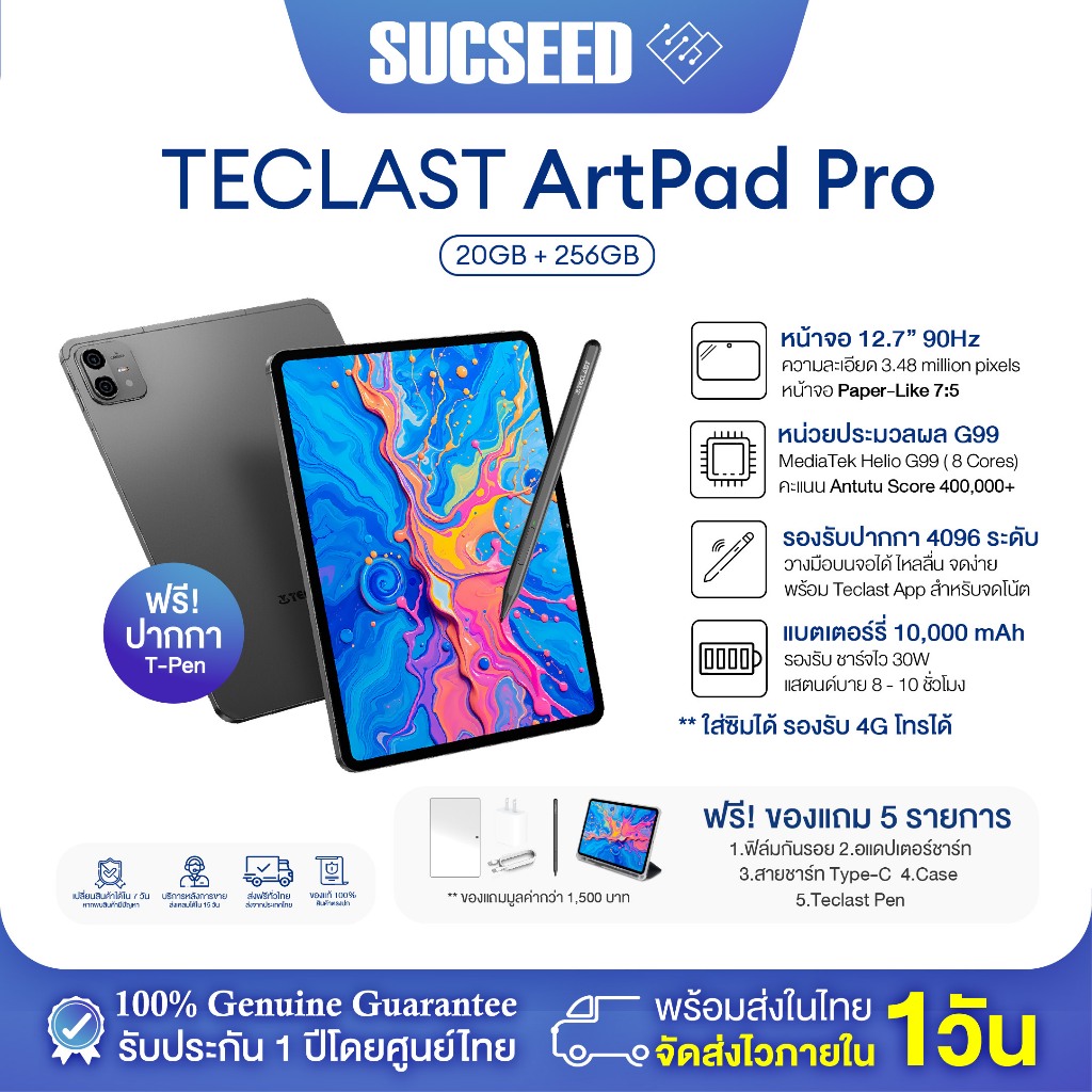 แท็บเล็ต แถมปากกา Tablet ArtPad Pro 12.7" 90Hz | MTK G99 | 20GB* + 256GB | 10000 mAh 30W 4G โทรได้ ร