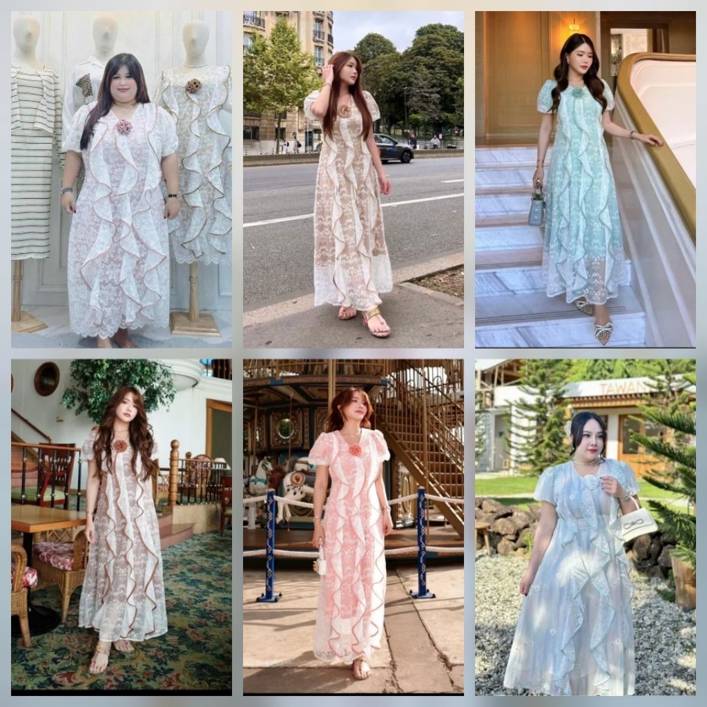 A1103💘มีMอก48-50💘XLอก50-54[งานแฟชั่น][Plus Size]ยาว50.5"เดรสยาวลูกไม้แต่งหนวดปลาหมึก