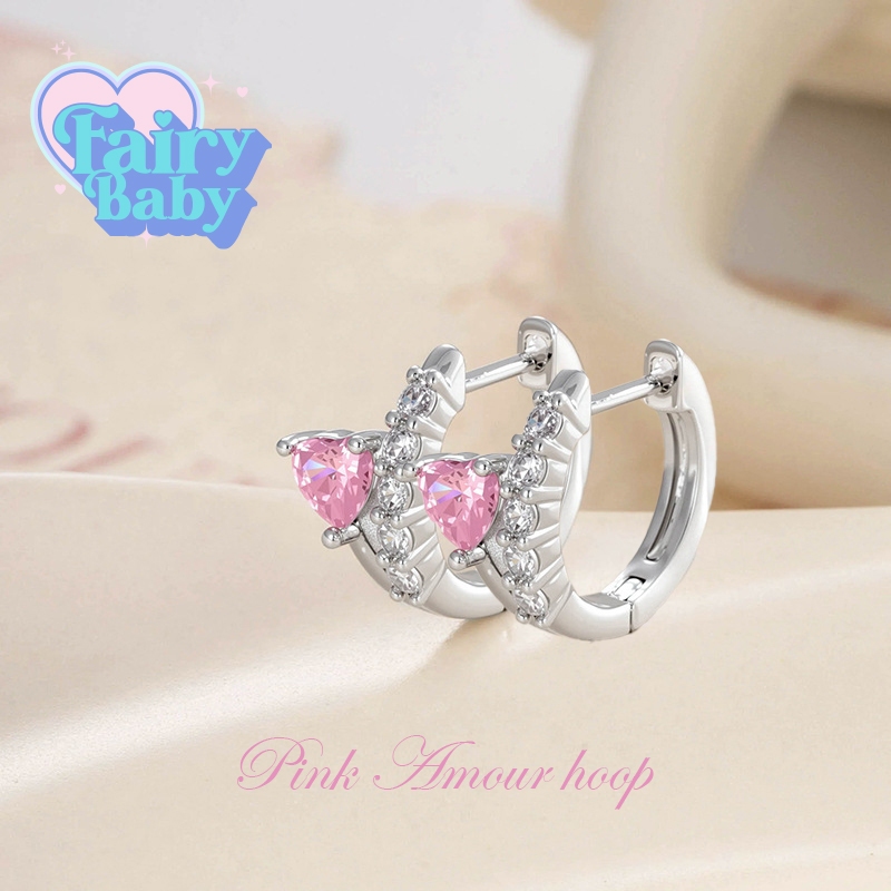 Fairybaby ต่างหูห่วง Pink Amour Hoop ( 1 คู่  )  รูปหัวใจ ประกาย สีชมพู น่ารัก (E2-089)