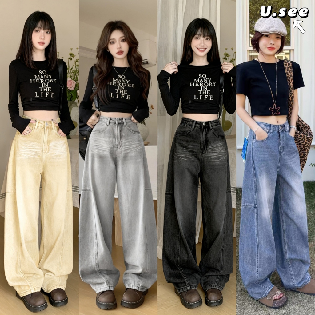 กางเกงยีนส์ Barrel jeans ทรงหลวม สไตล์วินเทจ ออกแบบสวย มีหลากหลายสีให้เลือก#1301