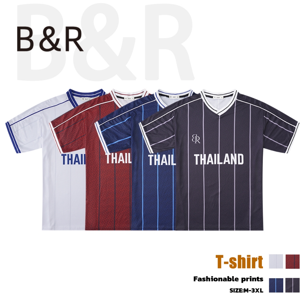 B&R คอวีแขนสั้น American Retro Short Sleeve พิมพ์ลาย ระบายอากาศแห้งเร็ว แฟชั่นยอดนิยม ชุดเบสบอล