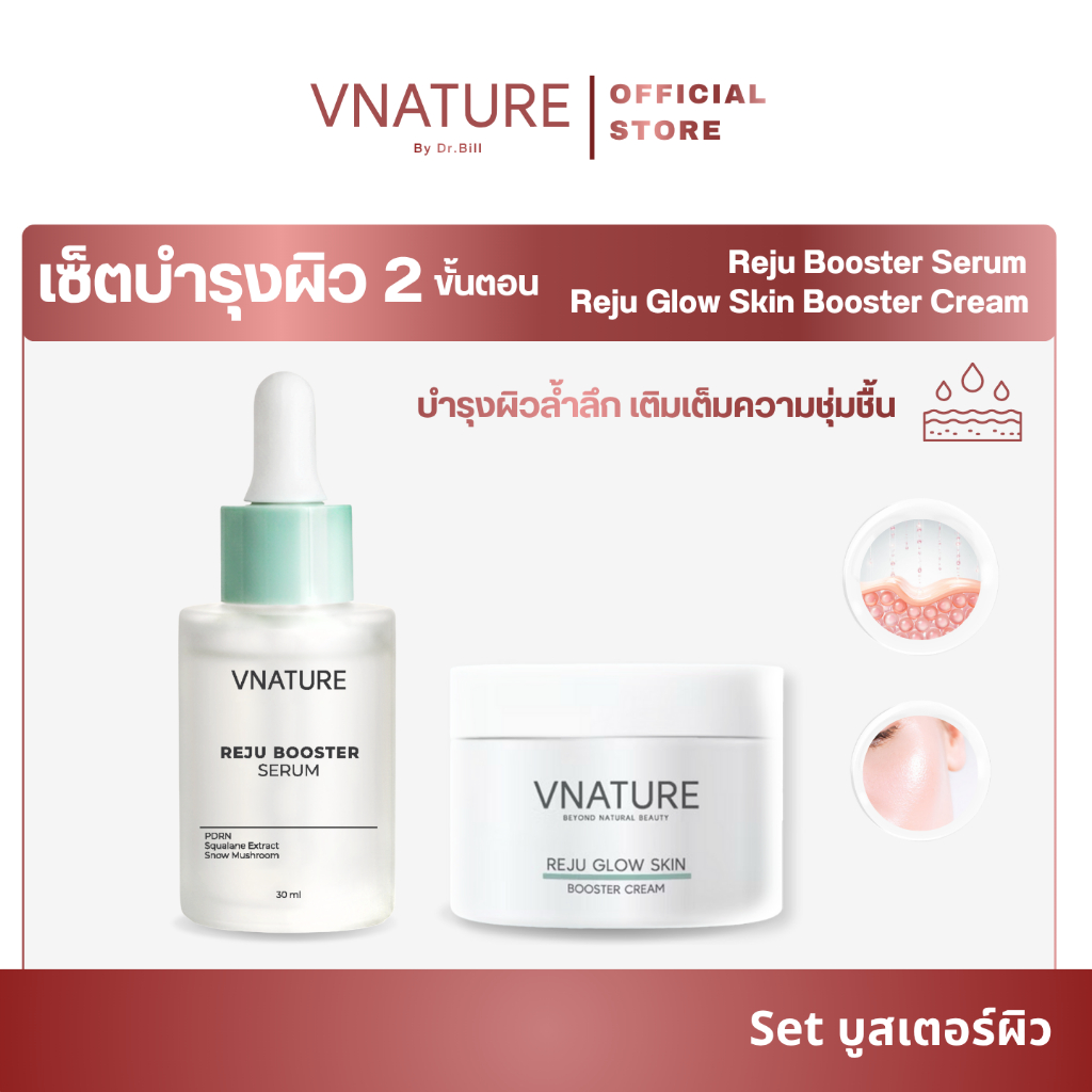 เซ็ตผิวใสฉ่ำวาว Vnature Reju รีจู บูสเตอร์เซรั่ม + ครีมผิวกระจก ฟื้นฟูผิวสุขภาพดี
