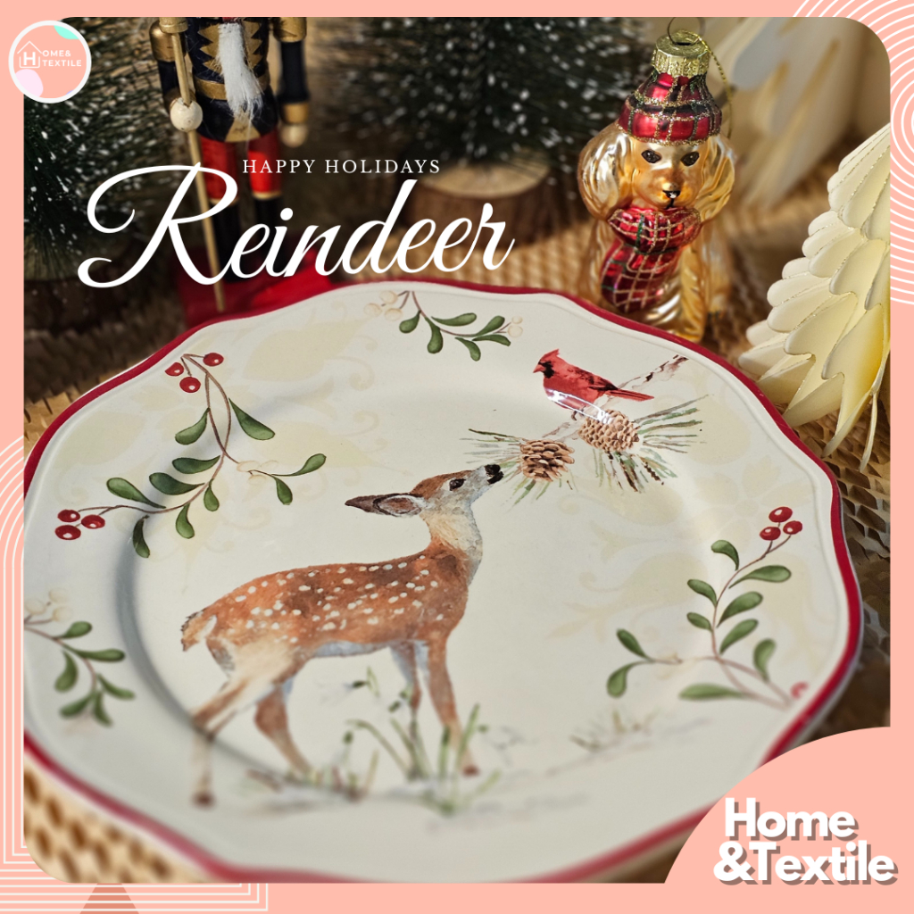 【พร้อมส่ง】จานเซรามิค ลายกวางเรนเดียร์ แต่งลายคริสต์มาส | Christmas Reindeer holly