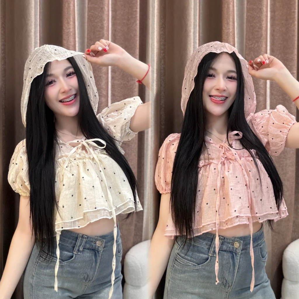งานเสื้อฮู้ดหมวกลายโพกาดอทผ้าโรซี่ ( มี 2 size )
