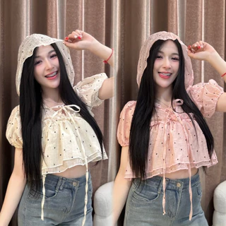 งานเสื้อฮู้ดหมวกลายโพกาดอทผ้าโรซี่ ( มี 2 size )