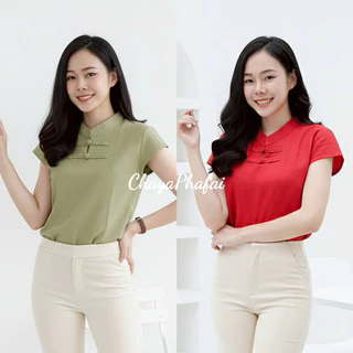 เสื้อผ้าฝ้ายคอจีนเจาะกระดุมขอด แขนเลยไหล่