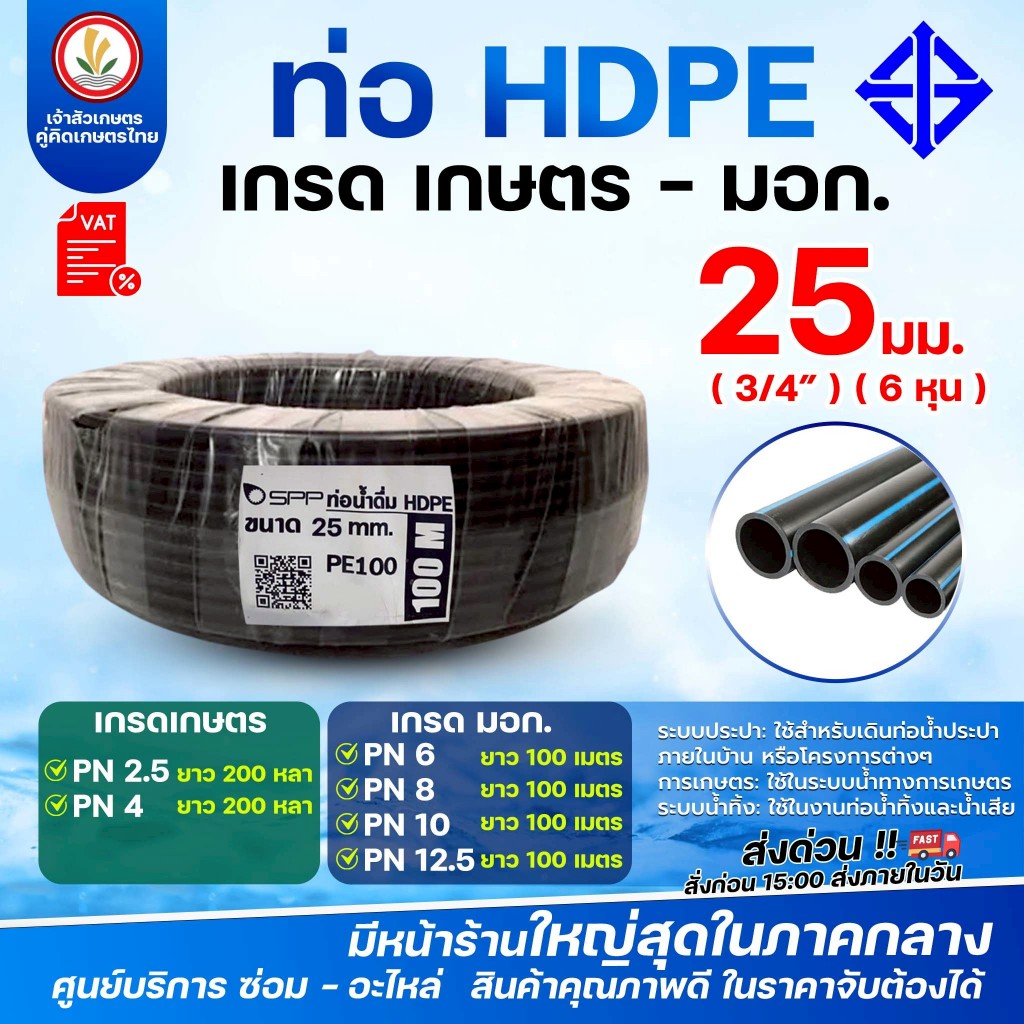 ท่อ HDPE ขนาด 25 มม.(6หุน) เกรดเกษตร - มอก (เกรดเกษตร) PN2.5, PN4 ยาว 200 หลา (มอก) PN6, PN8, PN10, 