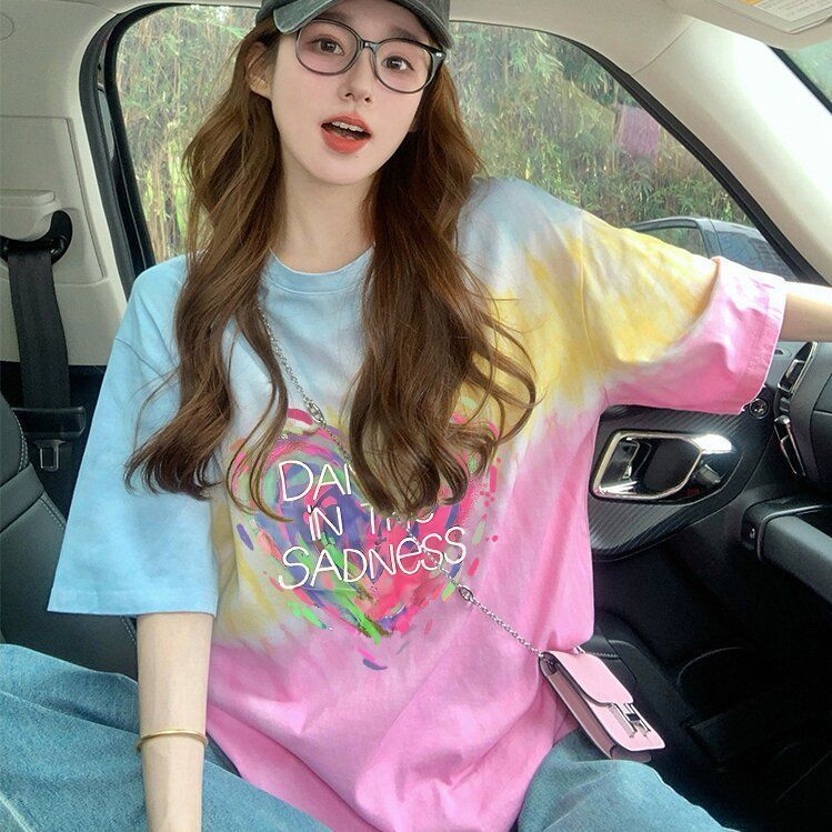 เสื้อยืดมัดย้อมสวยๆผู้หญิงฤดูร้อนใหม่ Oversize เสื้อผ้าสาวอวบไซส์ใหญ่ แฟชั่นเกาหลี เสื้อโอเวอร์ไซส์คนอวบทรงหลวมน่ารักๆ รูปที่ 8