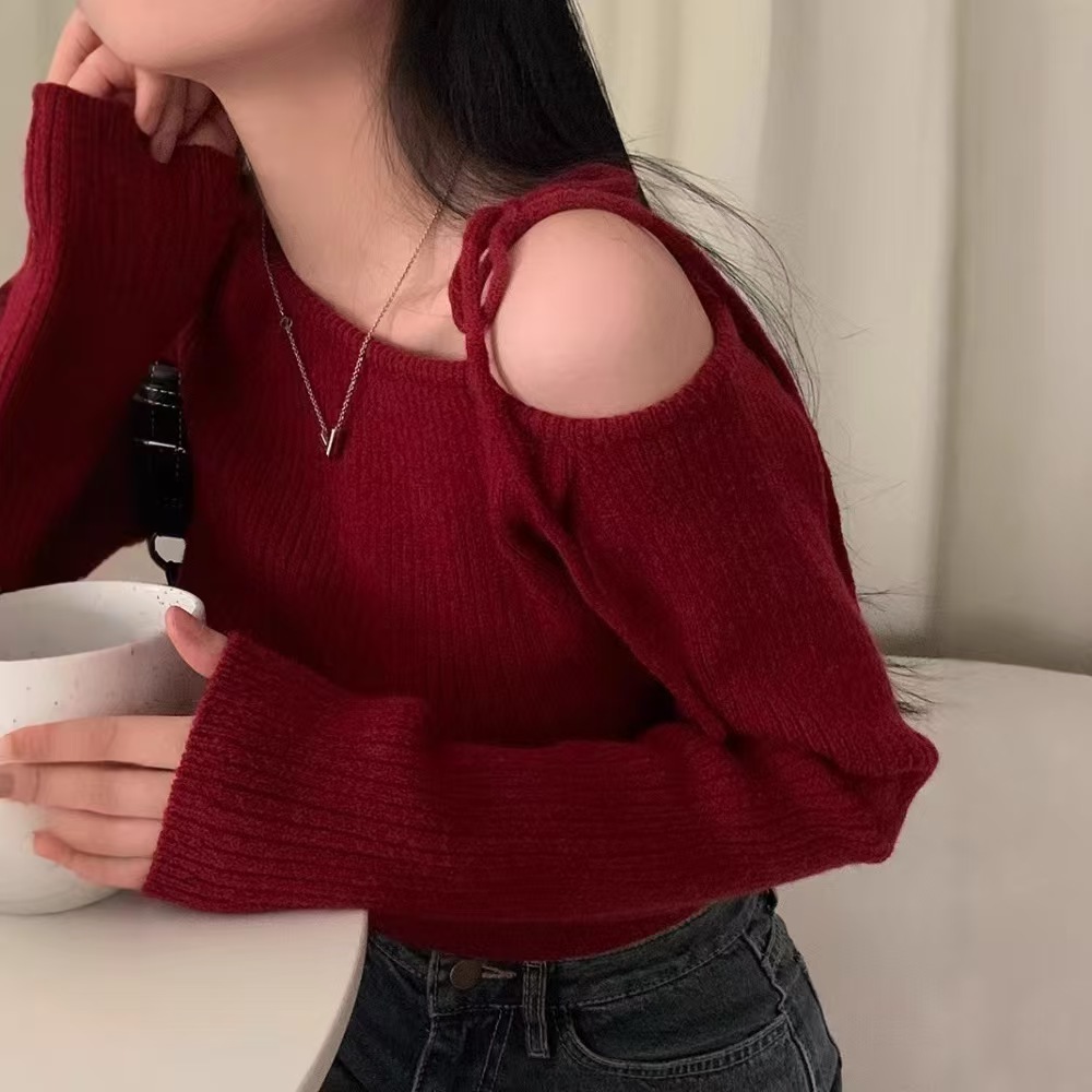 เสื้อสเวตเตอร์  ปีใหม่สีแดง สไตล์ฝรั่งเศส เรียบหรู ไหล่ ผูกเชือก แขนยาว ฤดูใบไม้ผลิ ชิค เกาหลีใต้567