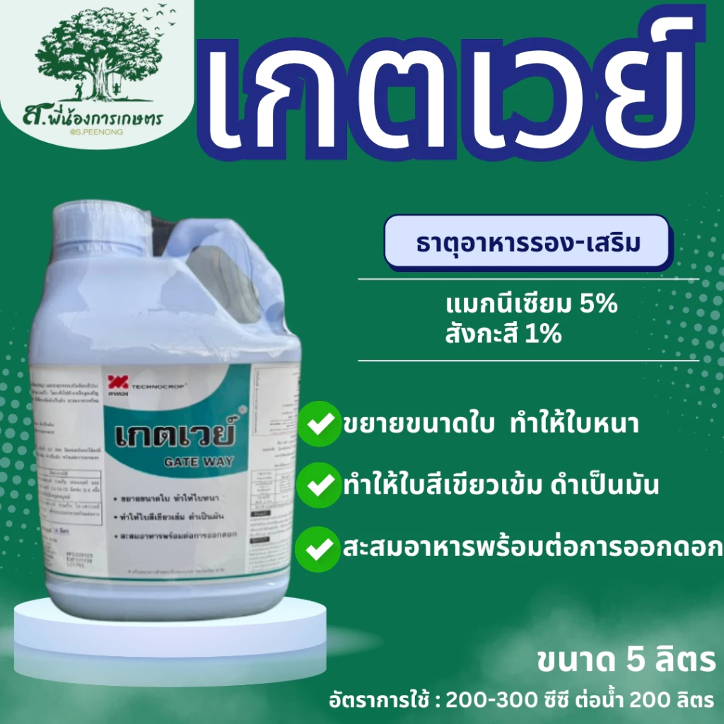 เกตเวย์ ขนาด 5 ลิตร เทคโนคร็อป ธาตุรอง-เสริม ขยายขนาดใบ ใบหนา ทำให้ใบสีเขียวเข้ม ดำเป็นมัน สะสมอาหารพร้อมต่อการออกดอก