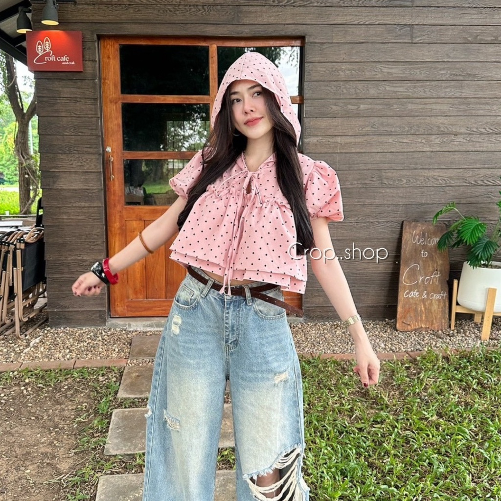 crop..shop เสื้อลายจุด เเขนตุ๊กตา มีฮู้ดใช่ได้จริง เชือกสวยผูกได้จริง งานเดียวคุ้มค่ามาก สวยสุดๆ รูปที่ 4