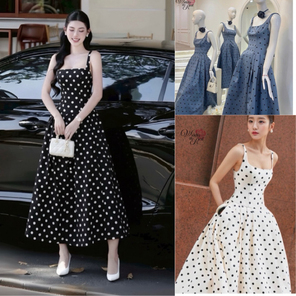 เดรสตัวยาวสายเดี่ยวคอเหลี่ยมผ้าดีมากมีโชคเกอร์ดอกไม้อกมีฟองน้ำซิปหลังกระโปรงทรงบานเย็บจีบหน้าและหลังลายจุด