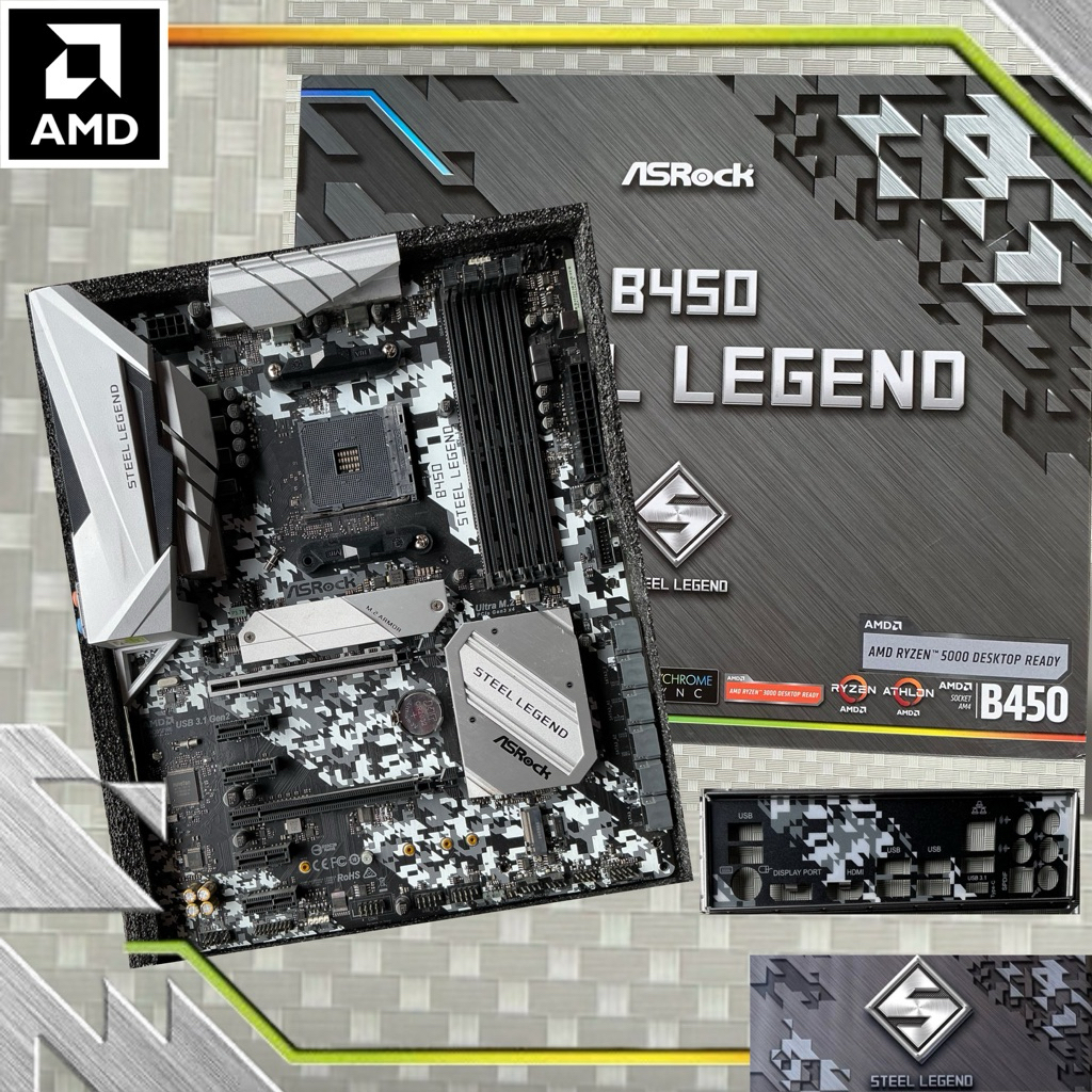 เมนบอร์ด : B450 Steel Legend ASROCK ครบกล่อง มือสอง◽️Mainboard Socket AM4 สภาพดี  ☑️ ☑️ ☑️