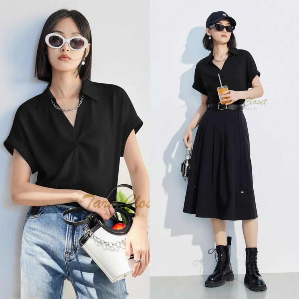 PE085 TARA Shirt เสื้อเชิ้ตอกเกรียว แขนสั้น แขนเบิ้ล อก 42 นิ้ว สีดำเงา เนื้อผ้าซาร่าอย่างดี ผ้าเงาสวย
