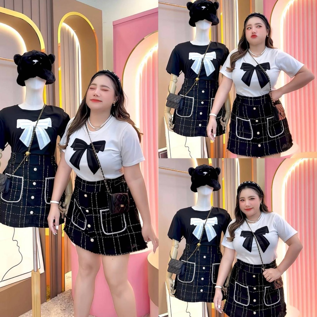 💟เสื้อโบว์กำมะหยี+กระโปรงกางเกงทวิต💟#สาวอวบ