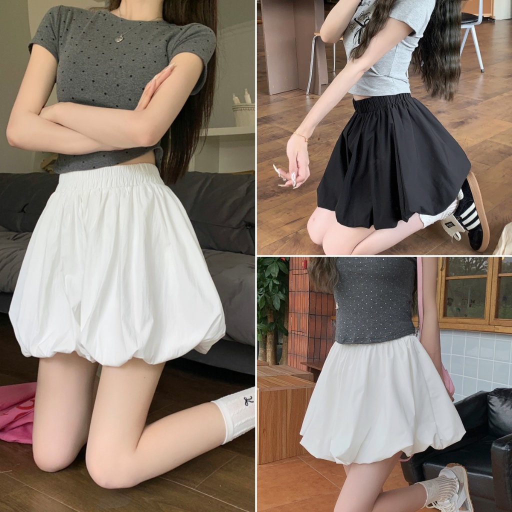 cherryshop พร้อมส่ง กระโปรงสั้นทรงบอลลูน สีพื้น เอวยางยืด สไตล์เอไลน์ หวานและน่ารัก สวมใส่สบาย
