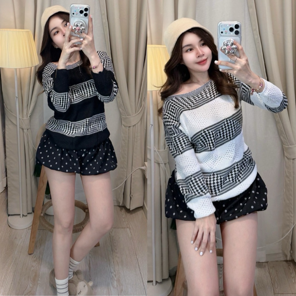 เสื้อแขนนยาวไหมพรมถักงานนำเข้า มาคู่กับขาสั้นบอลลูนแต่งลูกไม้ฉลุ งานน่ารักมาก