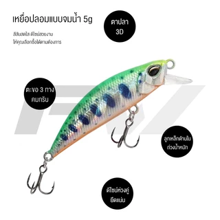 FW เหยื่อตกปลา ตกปลาพลาสติก เบส Sinking Minnow เหยื่อปลอม 5 กรัม 5 ซม พร้อมตะขอ 2 ชิ้น นตกปลาล พลาสติกเหยื่อ