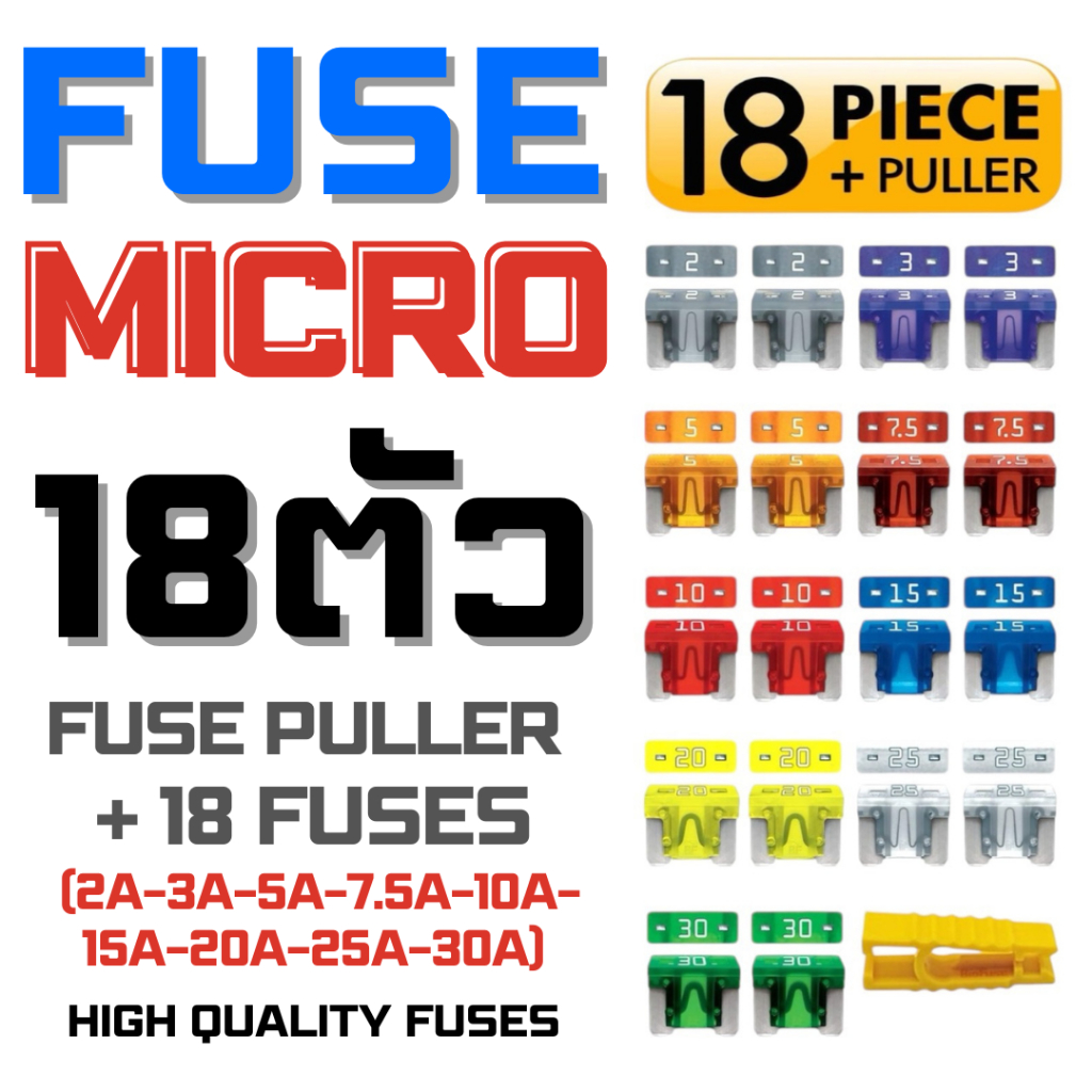ฟิวส์ MICRO FUSE ATT 18 Piece Automotive Car Fuse Assortment Pack (Set of 18 Micro Blade Fuses + Fus