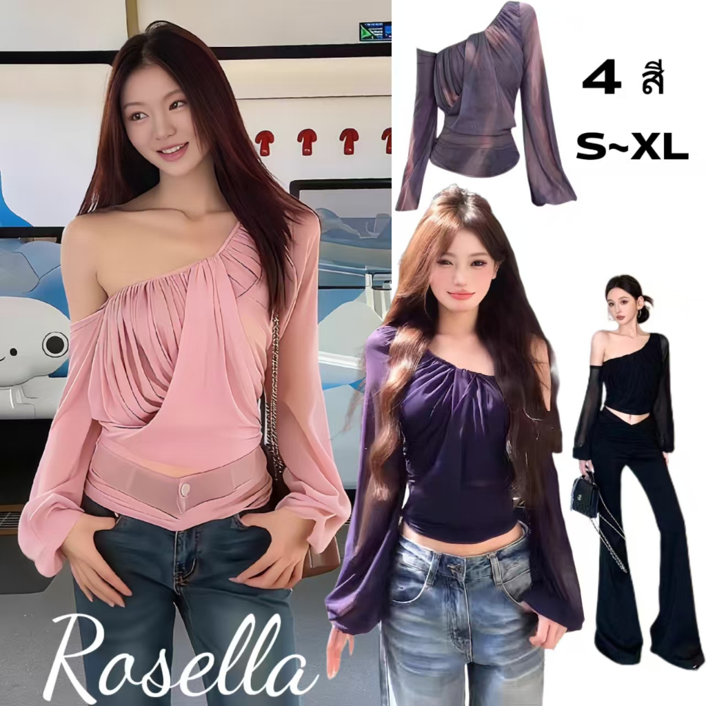 Rosella【สินค้าใหม่👗】เสื้อเชิ้ตผ้าชีฟองแขนยาวทรงหลวมเปิดไหล่จีบสไตล์เรโทร ทรงเข้ารูป แขนสั้น ทรงเข้ารูป