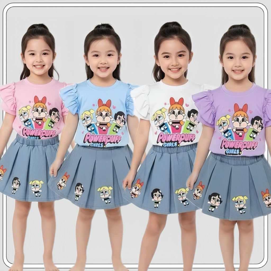 MC054 พร้อมส่ง ชุดเซต เสื้อแขนระบาย+กระโปรงลายppg น่ารัก มี 4 สีให้เลือก