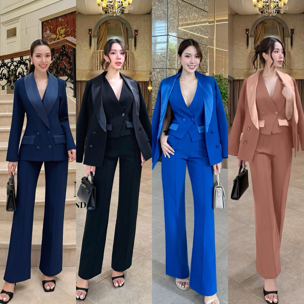 B-5252 สูทSet3ชิ้น เสื้อสูทผู้หญิง สูทสีดำหรูหรา ชุดทำงานสีดำ สูที่สีน้ำตาล ชุดเซตสีกรม ชุดสูทออกงาน สูทผู้หญิงสีน้ำเงิน