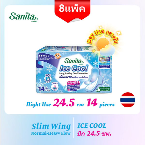 【ราคาพิเศษ : 8 แพ็ค】Sanita Ice Cool / แซนนิต้า ผ้าอนามัย ไอซ์คูล สลิมมีปีก ผิวนุ่ม 24.5ซม. 14ชิ้น