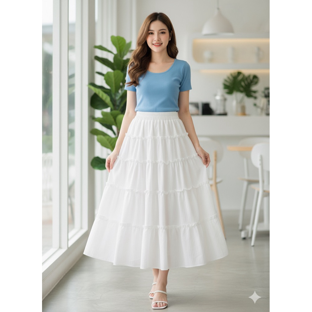 กระโปรงยาวชั้นแฟชั่นพื้นg001ฟรีไชร์เอว-32