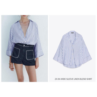 ZARA เสื้อเชิ้ต เสื้อลายทาง คอปกรูปคอวี WIDE-SLEEVE LINEN BL…
