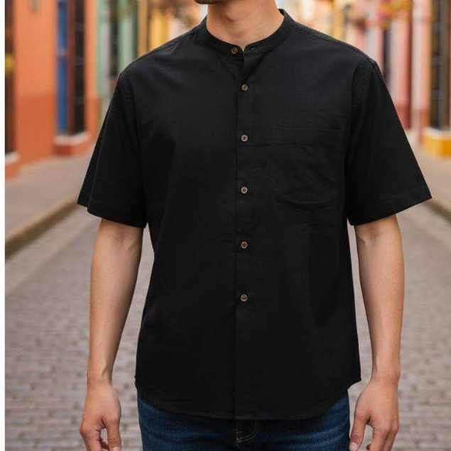 เสื้อเชิ้ตคอจีน แขนสั้นสีดำ ผ้าอ๊อกซฟอร์ด