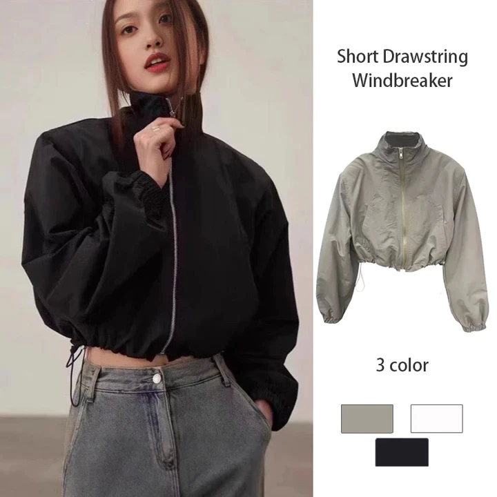 แจ็คเก็ตสีทึบสั้นผู้หญิงแจ็คเก็ตลำลองบางระดับไฮเอนด์แจ็คเก็ตกลางแจ้ง Drawstring อเนกประสงค์