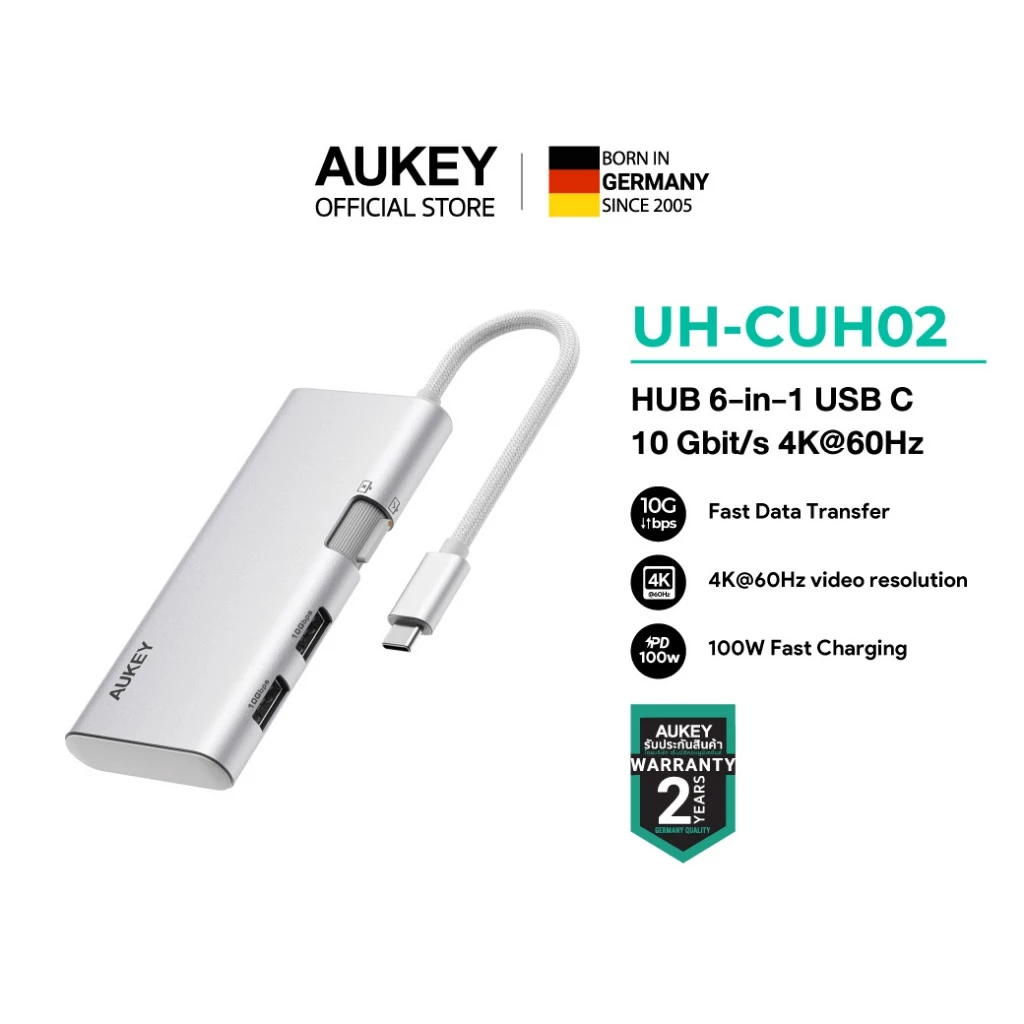 AUKEY UH-CUH02 ฮับ OfficeDok 6-in-1 USB-C Hub | HDMI 4K@60Hz + USB 10Gbps + PD 100W