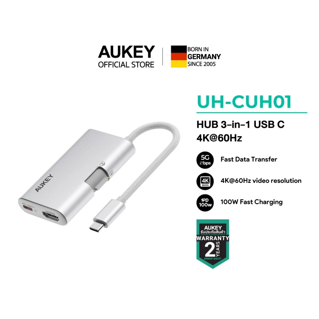 AUKEY UH-CUH01 ฮับ TravelDok 3-in-1 USB-C Hub | HDMI 4K@60Hz + USB 3.0 + PD 100W