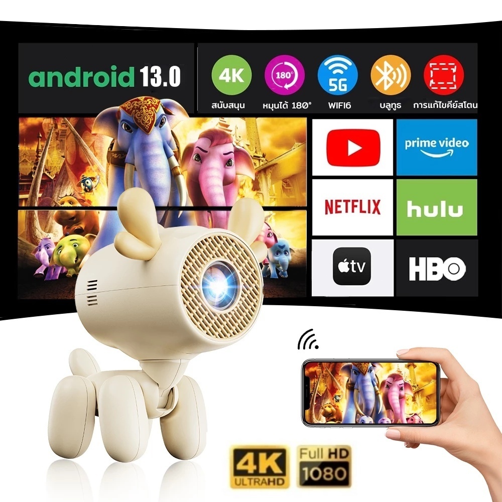 JY320 โปรเจคเตอร์อัจฉริยะ 4K คมชัดเป็นพิเศษ Android 13 บลูทูธ Wifi หน้าจอขนาดใหญ่ โปรเจคเตอร์พกพาปรั