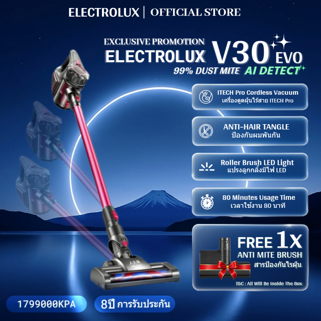 Electrolux V30 Pro⭐ เครื่องดูดฝุ่นไร้สายแรงดูดสูง ตรวจจับฝุ่นด้วย AI แปรงลูกกลิ้ง LED