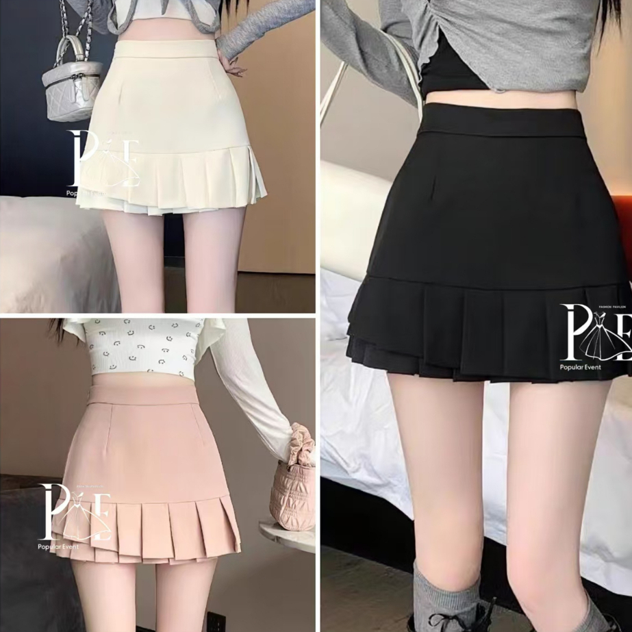 กระโปรงสั้นทรงเข้ารูปปลายแต่งกรีบ เอวสูง แบบซิปข้าง (มีซับในกางเกง) ผ้าฮานาโกะ นุ่มนิ่ม น่ารักมาก แฟชั่นสำหรับผู้หญิง