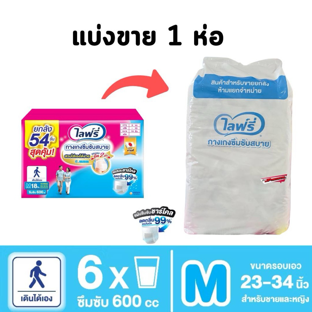 ผ้าอ้อมผู้ใหญ่ไลฟ์รี่ กางเกงซึมซับสบาย ผ้าอ้อมผู้ใหญ่ ไซส์ M แพ็ค 18 ชิ้น