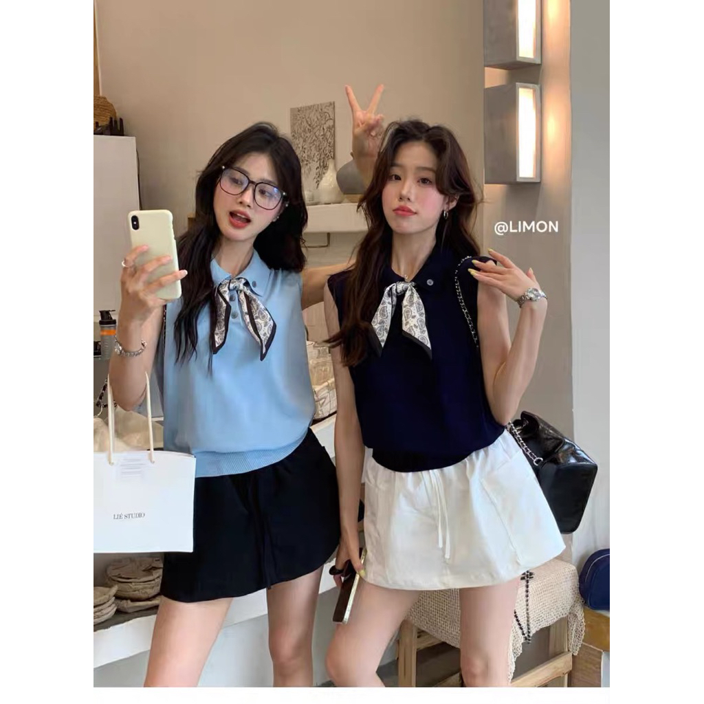 เสื้อถักแขนกุด สไตล์เกาหลี คอปกโบโล เสื้อยืด สำกรับผู้หญิง ฤดูร้อน บางไม่ร้อน สง่างาม ใหม่ล่าสุด M2378