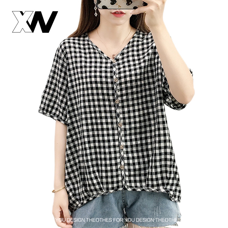XWbrand เชิ้ตหญิงคอวี แขนสั้น ลายกริดพร้อมกระดุม การเล่นสีสไตล์ Contrast คลาสสิกไม่มีวันตกเทรนด์