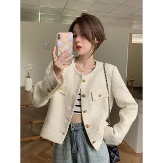 Veewink เสื้อแจ็กเก็ตสั้นสไตล์ชาแนล คอกลม เนื้อผ้าทอสาน สำหรับสาวตัวเล็ก