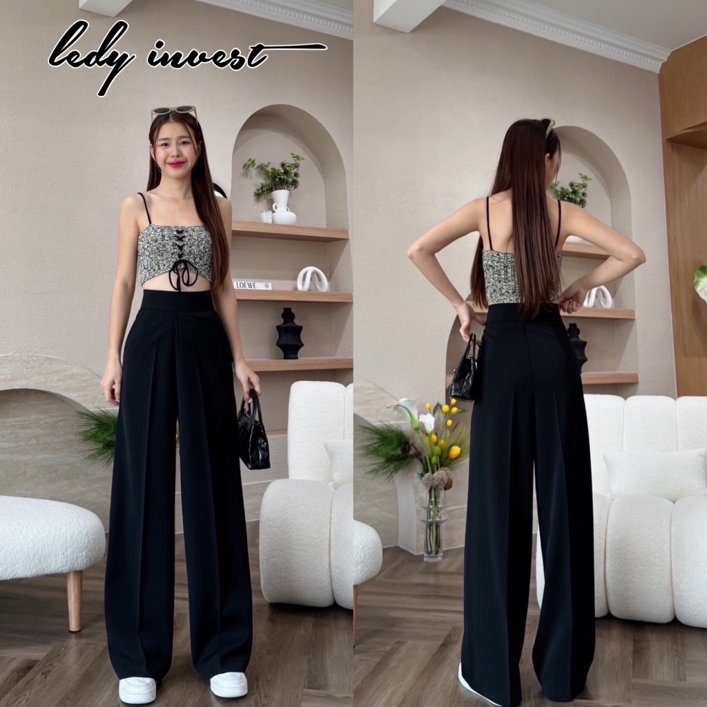 Linly Pants ซิปด้านหลัง เอวสูงปรี๊ด กางเกงขากระบอก กลาง กางเกงทำงาน ผู้หญิง สีดำ LT11