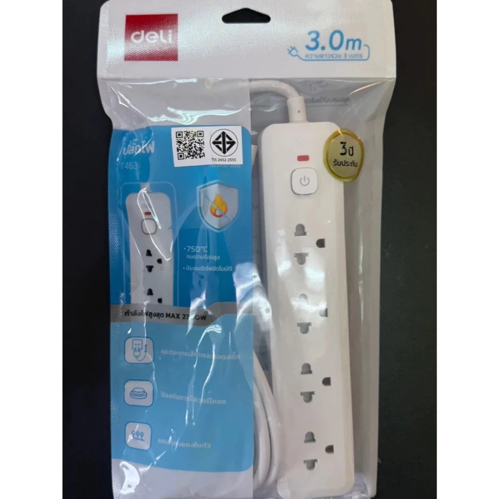 Deli ปลั๊กไฟ 3 ตา มีมอก มี USB สวิตช์ปิด-เปิด 2300W ยาว 3M/5M thumbnail 9