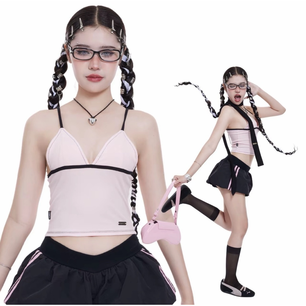 ส่งต่อ Soft Burn - ชมพูขอบดำ lama.clubb เสื้อมือสอง เสื้อสายเดี่ยวชมพูดำ