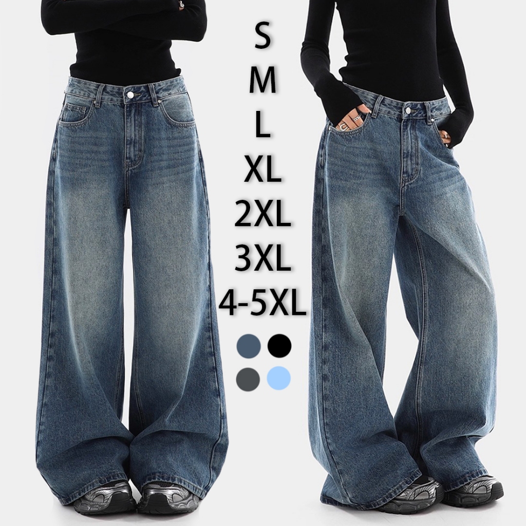 S~5XL Baggy jeans Blue Denim Elastic back design กางเกงยีนส์ขายาว กางเกงยีนส์สีดำ กางเกงขายาวทรงตรง ทรงหลวม เอวสูง HOT