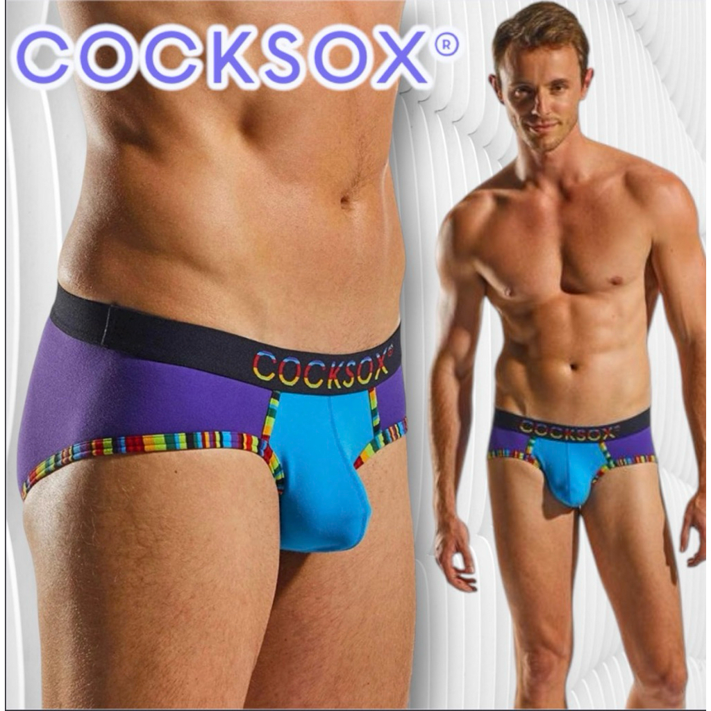 กางเกงในชาย Cocksox Briefสีม่วงฟ้า แต่งขลิบรุ้งที่ขา  size S,M,L