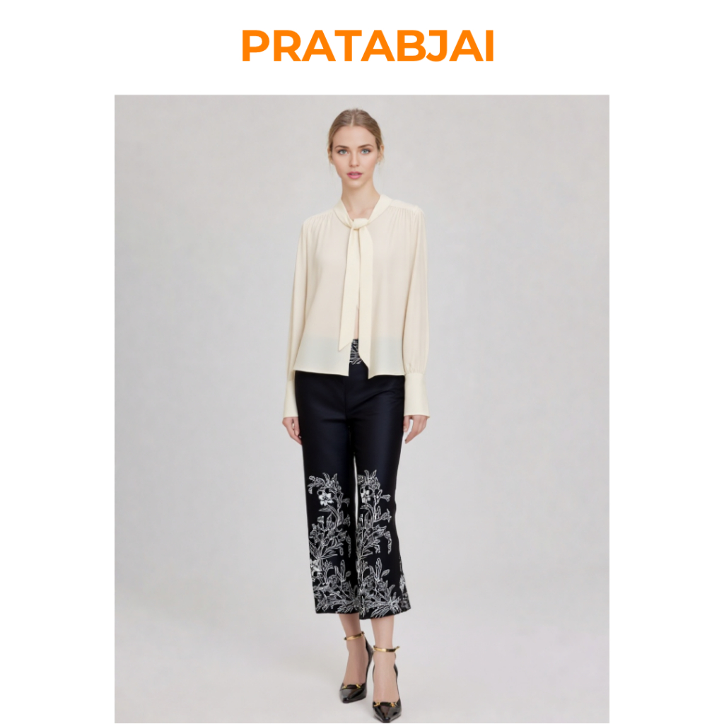 กางเกงปาเต๊ะขายาวผู้หญิงรุ่นสีดำ อัดผ้ากาว ผ้าไทย  Pants Clothing ประทับใจปาเต๊ะ  (รุ่น 013A)