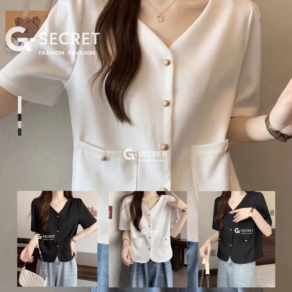 Kaekai พร้อมส่ง เสื้อคลุม แขนสั้น คอวี ทรงเรียบง่าย สไตล์ลำลอง มีกระเป๋าหน้าสองข้าง ดีไซน์กระดุม งานผ้าฝ้ายใส่สบาย